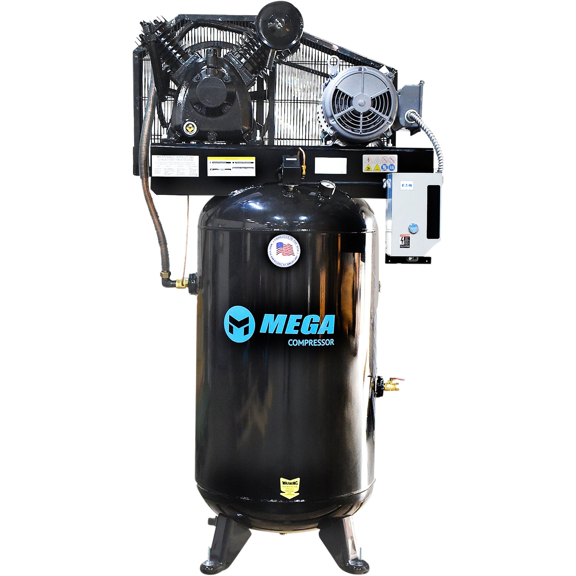Mega 2-Stage 2-Cylinder Vertical Air Compressor, 3 Phase, 7.5 HP, 460V, 80 Gallons, 175 Max. PSI, Model# MP-7580VM3-460